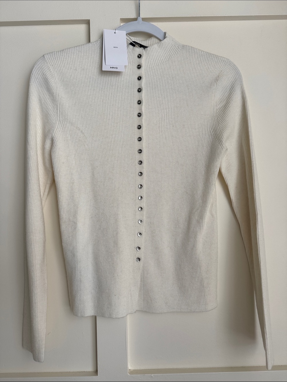 Mango Cream Ribbed Wool Snap-Front Top